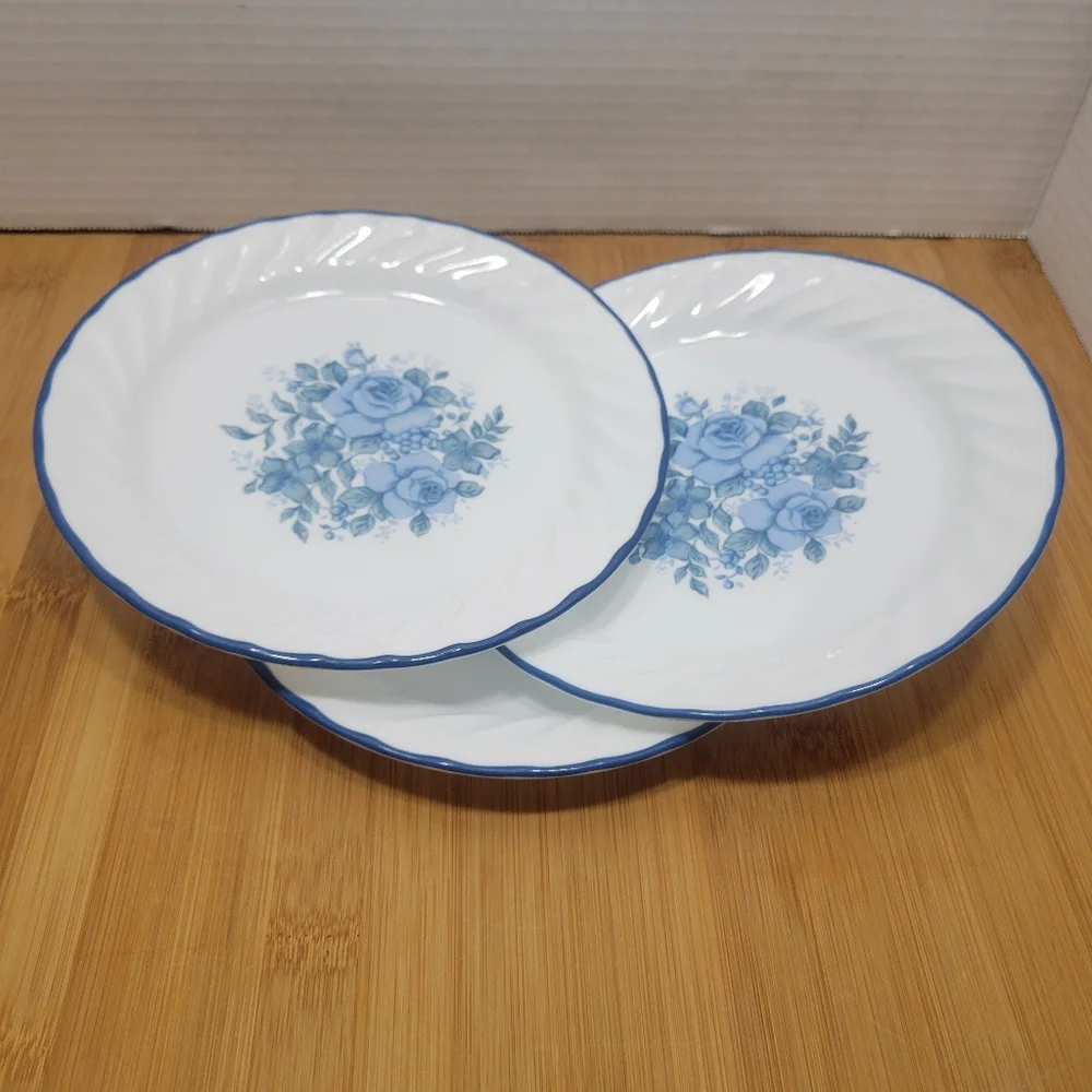 Set of 3 Corelle Blue Velvet Plates Blue Rose Trim Dessert or Bread and Butter
